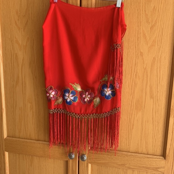 Women’s Red Floral Fringe Wrap Skirt  Swimsuit Cover-Up - Picture 3 of 13